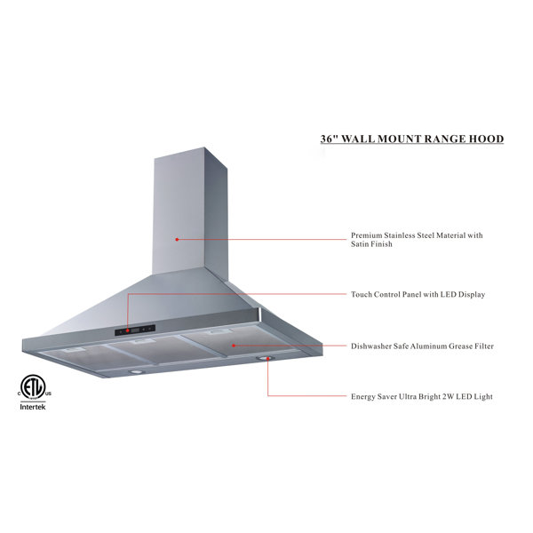 Winflo 36" 475 CFM Convertible Wall Mount Range Hood in Stainless Steel